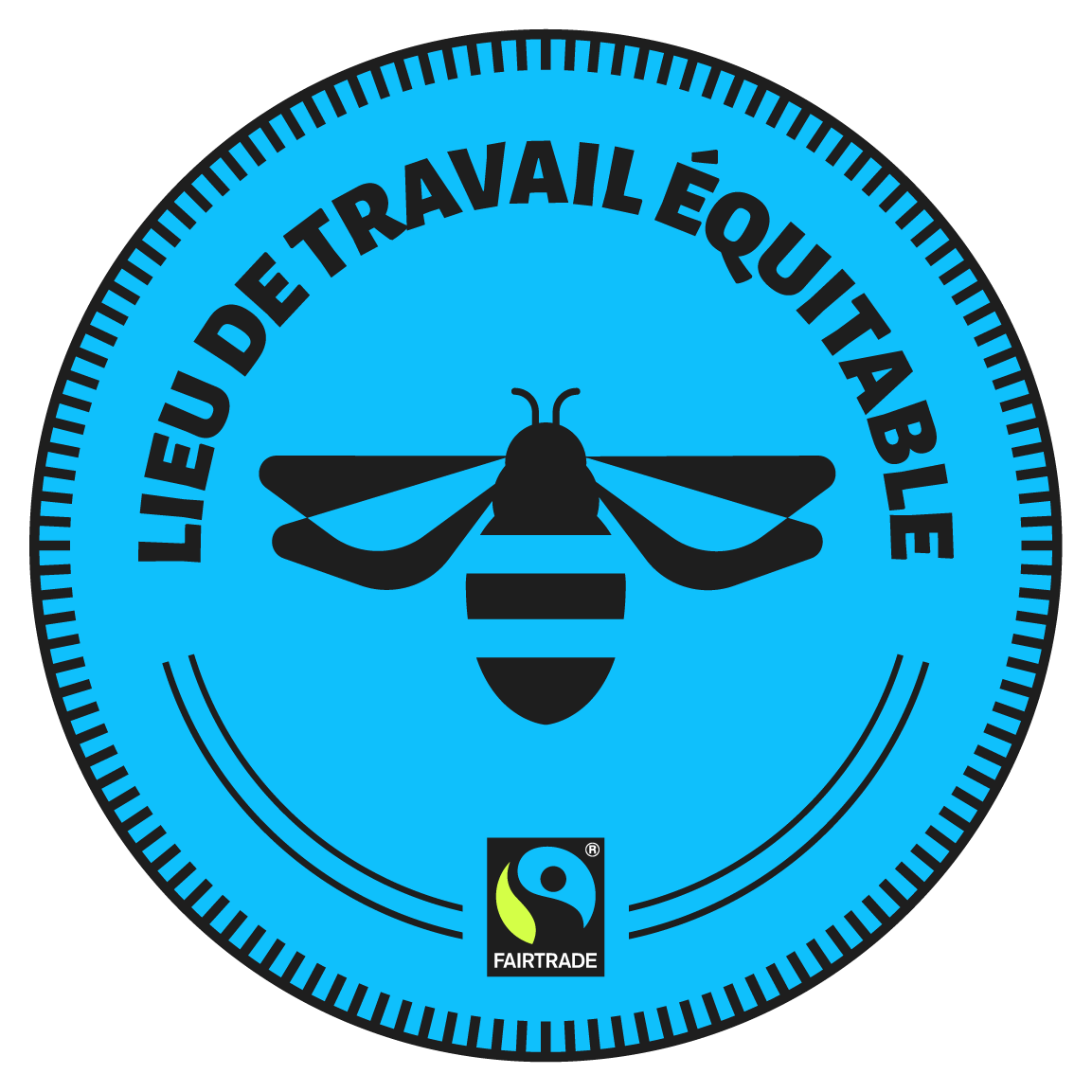 Logo circulaire Fairtrade Lieu de travail équitable avec icône d'abeille, certification du milieu de travail d'Equifruit.