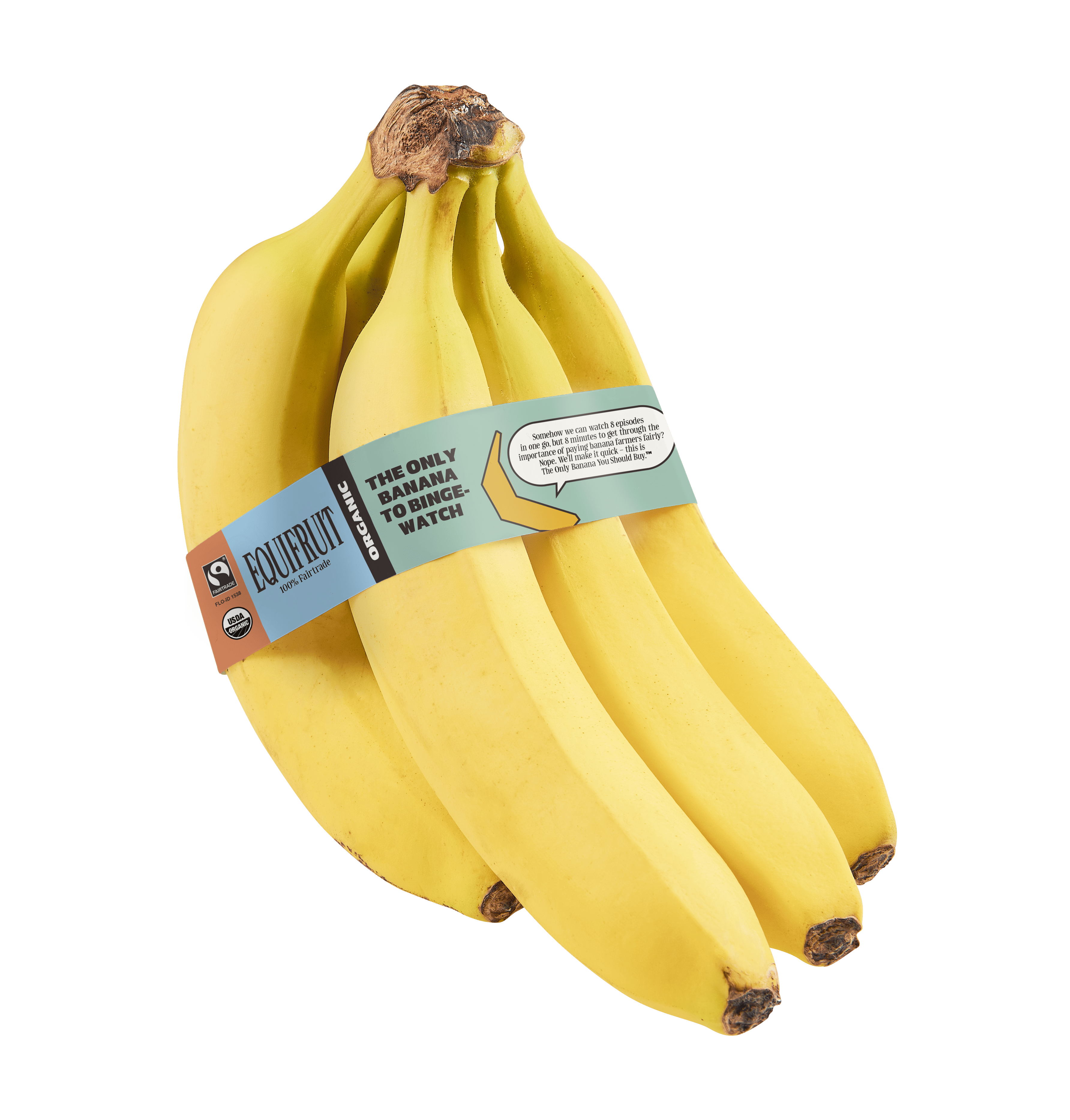 Equifruit organic Fairtrade banana bunch with certifications displayed on product label