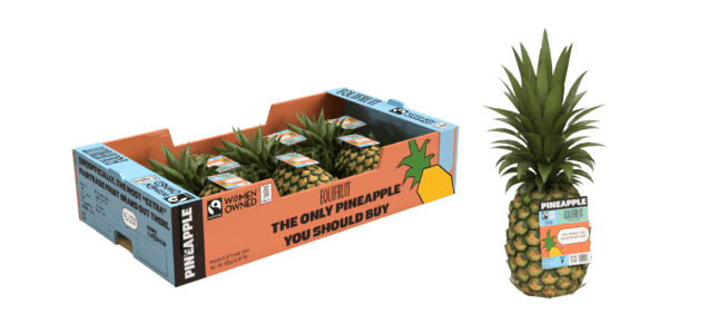 Equifruit Fairtrade pineapples in retail packaging box with "The Only Pineapple You Should Buy" messaging