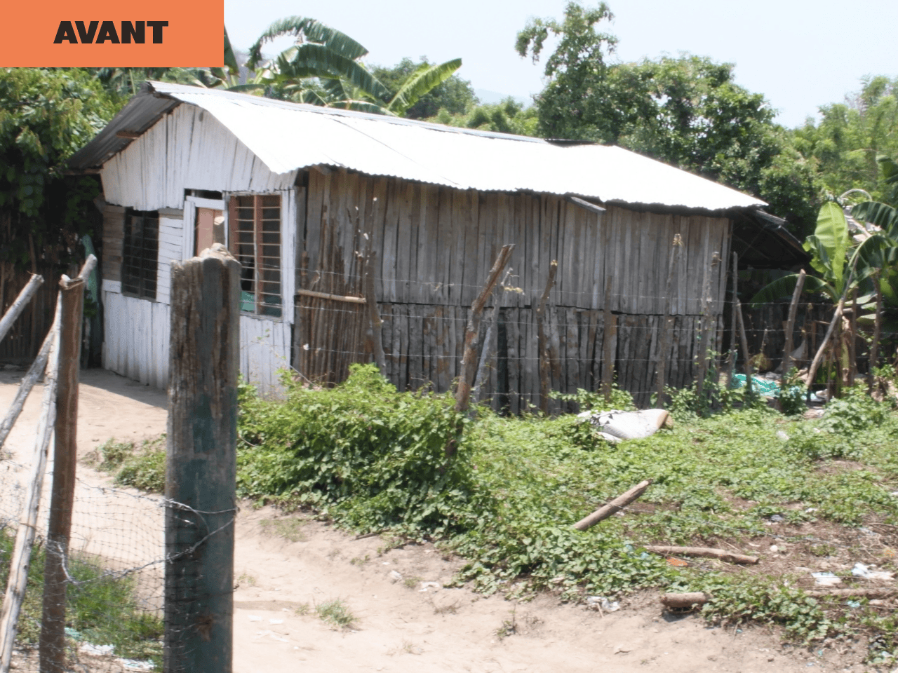 Ancienne maison en bois délabrée avec toit en tôle, clôture de fil barbelé et végétation dense, avant la rénovation financée par la prime Fairtrade des bananes équitables.